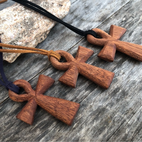 Hand-Carved Mahogany Wooden Ankh Necklace - Picture 6 of 9